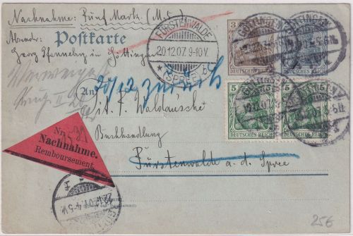 DR - 2+3 Pfg. Germania Ganzsache+Zusatz Nachnahmekarte Göttingen 1907