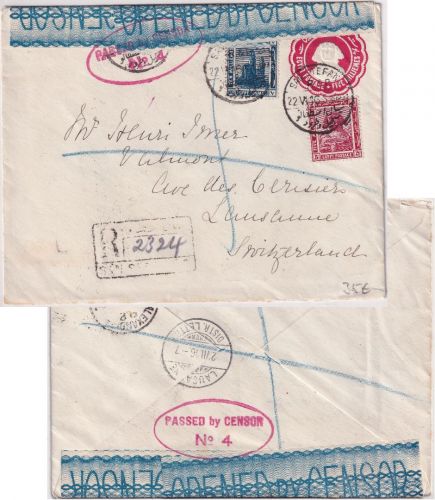 Ägypten - 5 M. Sphinx Ganzsache+Zusatz R-Brief San Stefano/Alexandrien 1916