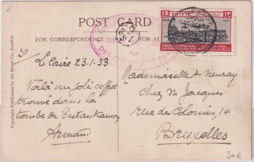 Ägypten - 13 M. Int. Eisenbahn-Kongress Karte n. BELGIEN Kairo - Brüssel 1933