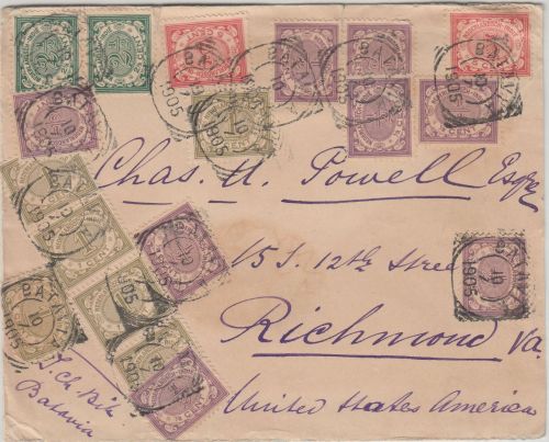 Niederl. Indien - 2x5+6x1 C. u.a. Ziffer Brief n. USA Batavia - Richmond 1905