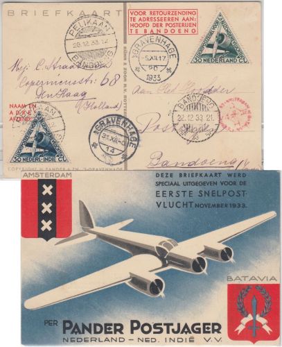 Niederl. Indien - 1. Postsonderflug Den Haag Bandoeng u. retour 1933 Sonderkarte