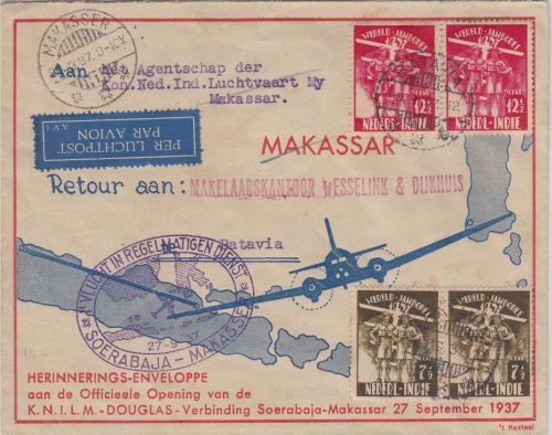Niederl. Indien - Erstflug Soerabaja Makasser 1937 Schmuckkuvert n. Batavia
