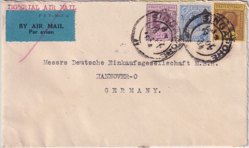 Straits Settlements - 25+12+10 C George V. Luftpostbrief Singapore Hannover 1934
