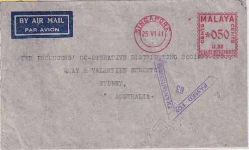 Straits Settlements - 50 C. Metermark Luftpostbrief n. AUSTRALIEN Singapore 1941