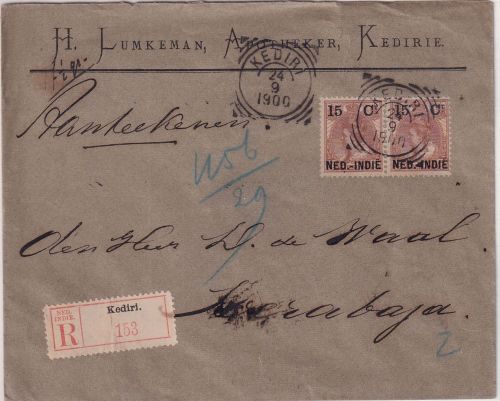 Niederl. Indien - 15/15 C Wilhelmina/Überdruck Paar Einschreibebrief Kediri 1900