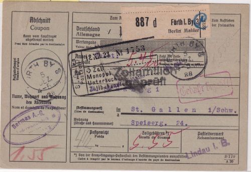 DR - Fürth 1928 Gebühr bezahlt Ra1 Paketkarte i.d. SCHWEIZ (St. Gallen)