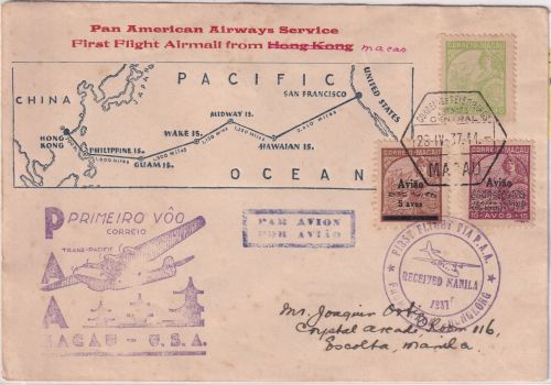 Macao - PanAm Erstflug Etappe Macao Manila Schmuckkuvert 28.4.37