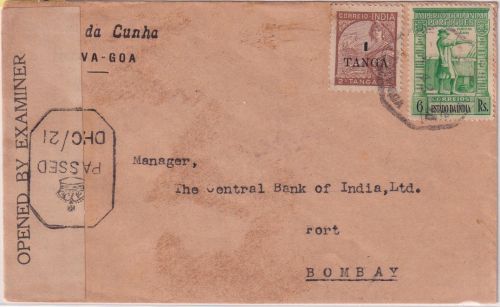 Portug. Indien - Nova Goa 1943 Zensurbrief n. Bombay - brit. Zensurverschluss