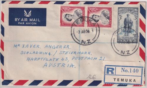 Neuseeland - 2x1 Sh. Elizabeth u.a. Luftpost-Einschreibebrief n. ÖSTERREICH 1956