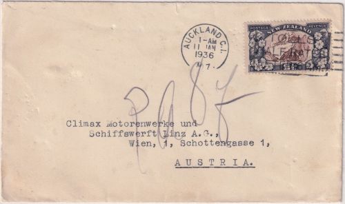 Neuseeland - 2 1/2 P. Mount Cook Brief n. ÖSTERREICH Auckland Jan 11, 1936 (!!)