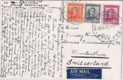 Neuseeland - 5+4+2 P. Georg VI. Lupokarte i.d. SCHWEIZ Wellington Late Fee 1951