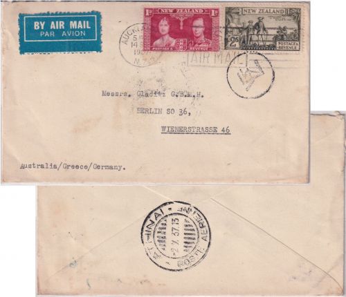 Neuseeland - 2 Sh. Cook u.a. Luftpostbrief Auckland - Athen - Berlin 1937