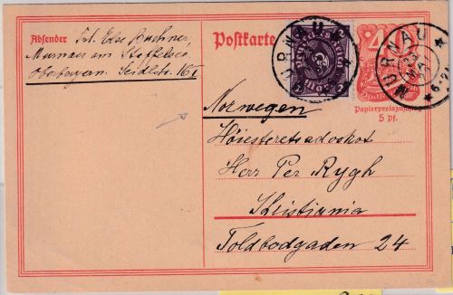 DR-Infla - 40 Pfg. Postreiter Ganzsache+Zusatz n. NORWEGEN Murnau 23. MAI 22