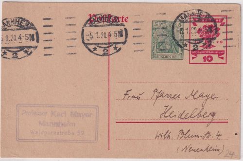 DR-Infla - 5+10 Pfg. Germania/Nat.Vers. GA+priv.Zudruck Mannheim Heidelberg 1920