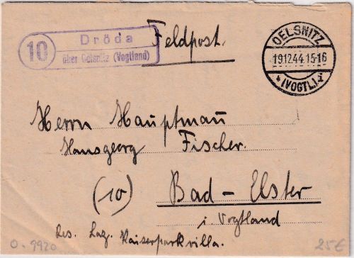 DR - (10) Dröda ü. Oelsnitz (Vogtl.) Landpost-Ra2 Feldpostbrief 19.12.44
