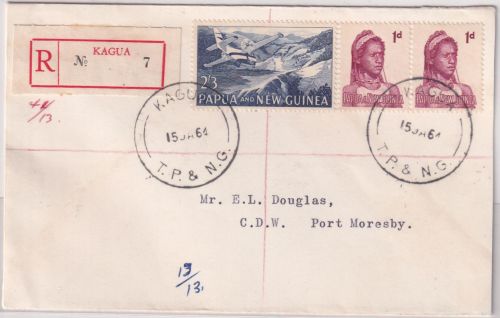PNG - 2 Sh. 3 P. Flughafen u.a. Einschreibebrief Kagua - Port Moresby 1961