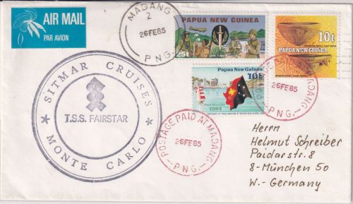 PNG - 25 T. UPU-Beitritt u.a. Luftpostbrief Madang - München 1985