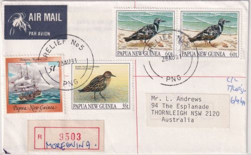 PNG - 2x60 T. Vögel u.a. Luftpost-Einschreibebrief Moreguina/Relief No.5 1991