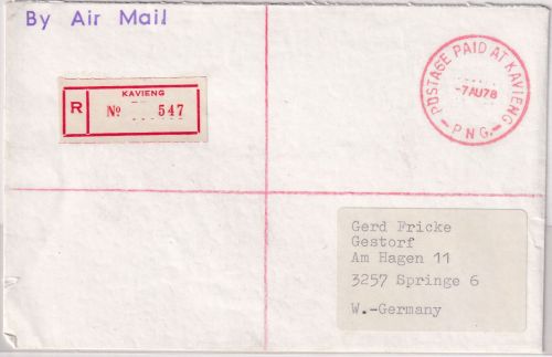 PNG - Kavieng 1978 Barfrankierung Luftpost-Einschreibebrief n. Springe