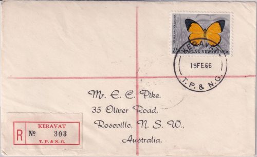PNG - 25 C. Schmetterling Einschreibebrief n. AUSTRALIEN Keravat Roseville 1966