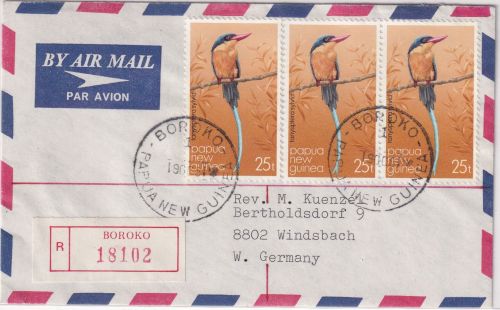 PNG - 3x25 t. Eisvogel Luftpost-Einschreibebrief Boroko - Windsbach 1981