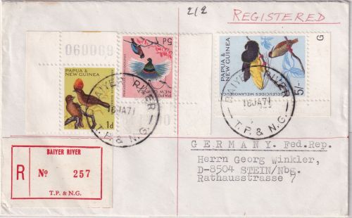 PNG - 5 Sh. Vögel u.a. Einschreibebrief Baiyer River - Stein 1971