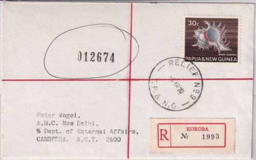 PNG - 30 C. Meeresschnecke Einschreibebrief Koroba/Relief No. 9 - 6.3.70
