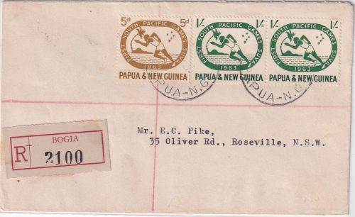 PNG - 2x1 Sh.+5 P. South Pacifi games Einschreibebrief Bogia - Roseville 1963