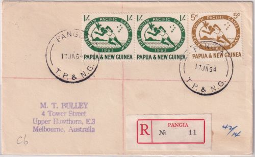 PNG - 2x1 Sh.+5 P. South Pacifi games Einschreibebrief Pangia - Melbourne 1964