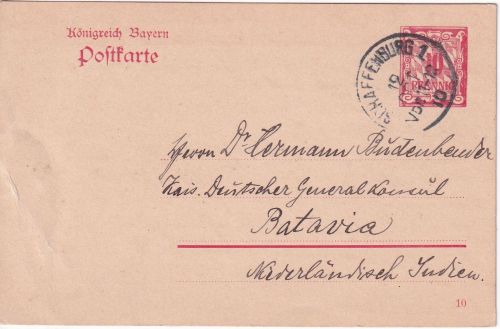Bayern - 10 Pfg. Rauten Ganzsache n. NIEDERL. INDIEN Aschaffenburg Batavia 1910