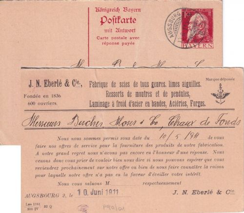 Bayern - 10 Pfg. Luitpold Ganzsache/F-Teil/priv. Zudruck i.d. SCHWEIZ Augsburg 8