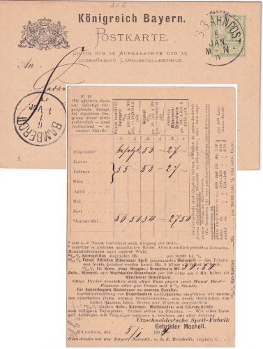 Bayern - 3 Pfg. Rauten Ganzsache priv. Zudruck/Ortskarte Bahnpost Bamberg 1884