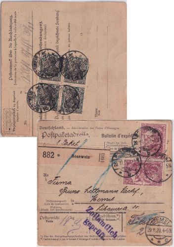 DR - 75 Pfg. Germania c-Farbe 4er-Block u.a. Paketkarte n. MEMEL Rosswein 1920