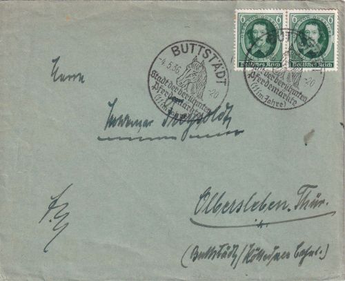 DR - Buttstädt 1936 "Stadt d. berühmten Pferdemärkte" Handwerbestempel Brief