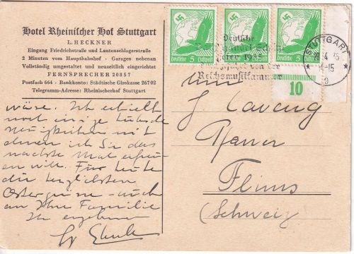 DR - 3x5 Pfg. Adler/Weltkugel Karte i.d. SCHWEIZ Stuttgart - Flims 1935