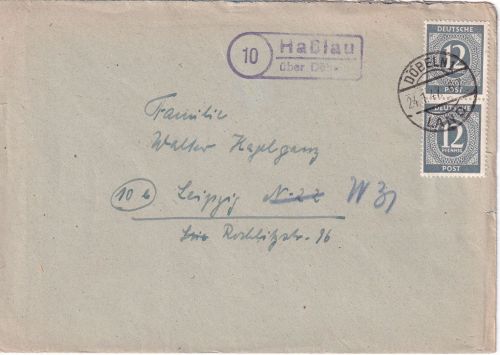 All.Bes. - (10) Haßlau ü. Döbeln Landpost-Ra2 Brief n. Leipzig 1947