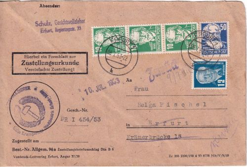 DDR - 50 Pfg. Marx u.a. Ortszustellurkunde Erfurt 8.7.53
