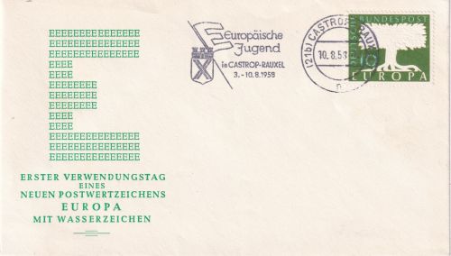 BRD - 10 Pfg. Europa m. Wz. Schmuckkuvert/FDC Castrop-Rauxel 10.8.58