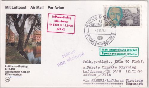 BRD - 80 Pfg. Schliemann Schiffspostkarte/LH-Erstflug-Zuleitung Aarhus Köln 1990