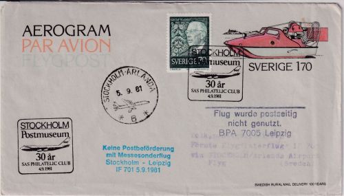 Schweden - 170 Ö. Ganzssache/Aerogram Messesonderflug Stockholm Leipzig 1981