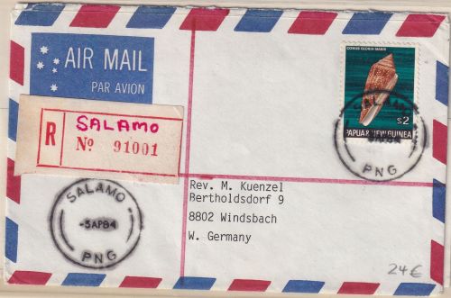 PNG - 2 $. Meeresschnecke Luftpost-Einschreibebrief Salamo - Windsbach 1984