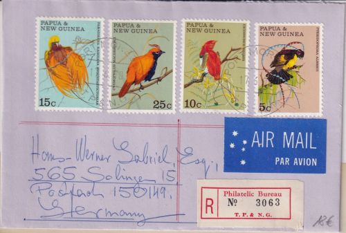 PNG - Paradiesvögel 1970 Satz Luftpost-Einschreibebrief Port Moresby 17.6.70