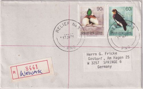 PNG - 90+60t Paradiesvögel Einschreibebrief Wewak/Relief No.3 17.1.94 - Springe