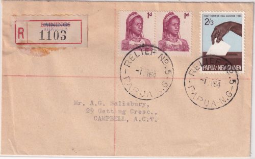 PNG - 2 Sh. 3 P. Wahlen u.a. Einschreibebrief Hohola/Relief No.5 1.7.64