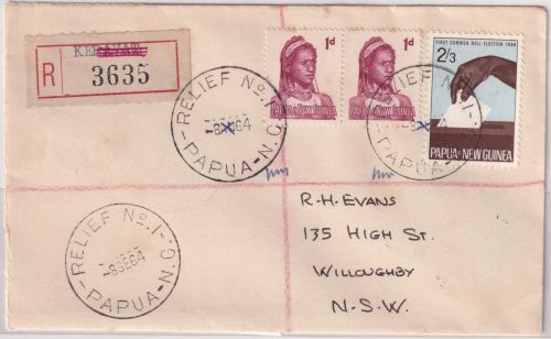 PNG - 2 Sh. 3 P. Wahlen u.a. Einschreibebrief Keravat/Relief No.1 8.9.64