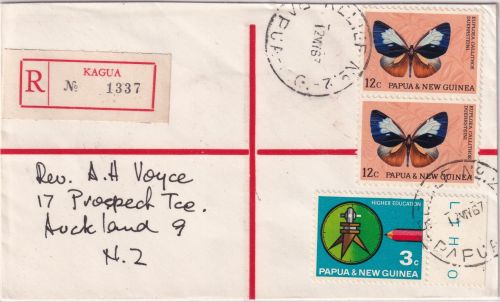 PNG - 2x12 C. Schmetterling u.a. Einschreibebrief Kagua/Relief No. 2 12.5.67