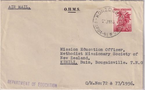PNG - 3 1/2 P. Eingeborener Luftpost-Dienstbrief n. NEUSEELAND Konedobu 1956