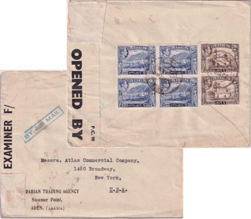 Aden - 2x2+4x2 1/2 P. Freimarken Luftpost-Zensurbrief n. USA (New York) 22.9.44