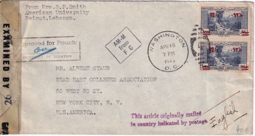 Libanon - Beirut/Washington 16.4.45 Diplomatenpost/Zensurbrief n. USA