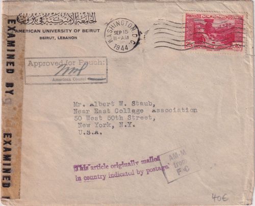 Libanon - Beirut/Washington 15.9.44 Diplomatenpost/Zensurbrief n. USA (New York)